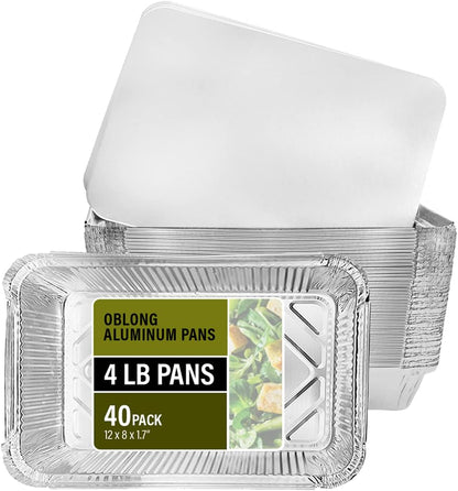 PARTY BARGAINS 4 lb Aluminum Pans with Board Lids, 50 Pack – 12 x 8 in Disposable Foil Roasting & Steam Table Pans for Catering, Takeout, Meal Prep, Oven Safe up to 240°C