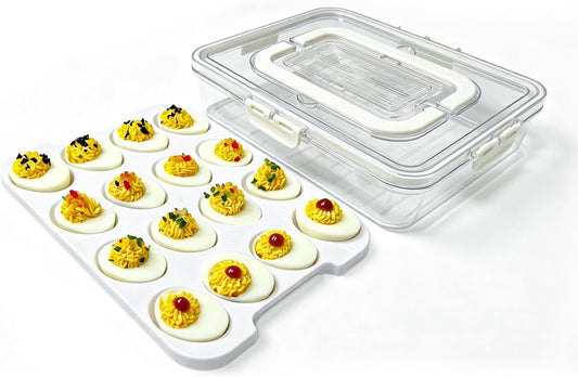 Original Deviled Egg Carrier Storage Container With Lid & Handle (White) | Removable Deviled Egg Platter, 16 Extra-Deep Egg Wells, BPA-Free Thick Plastic, Portable Tray for Easter Potluck Party Picnic