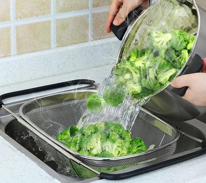 Expandable Over Sink Colander, Stainless Steel Mesh Strainer Basket with Extendable Handles, Kitchen Sink Colander for Washing Fruits, Vegetables, Pasta & Food Draining