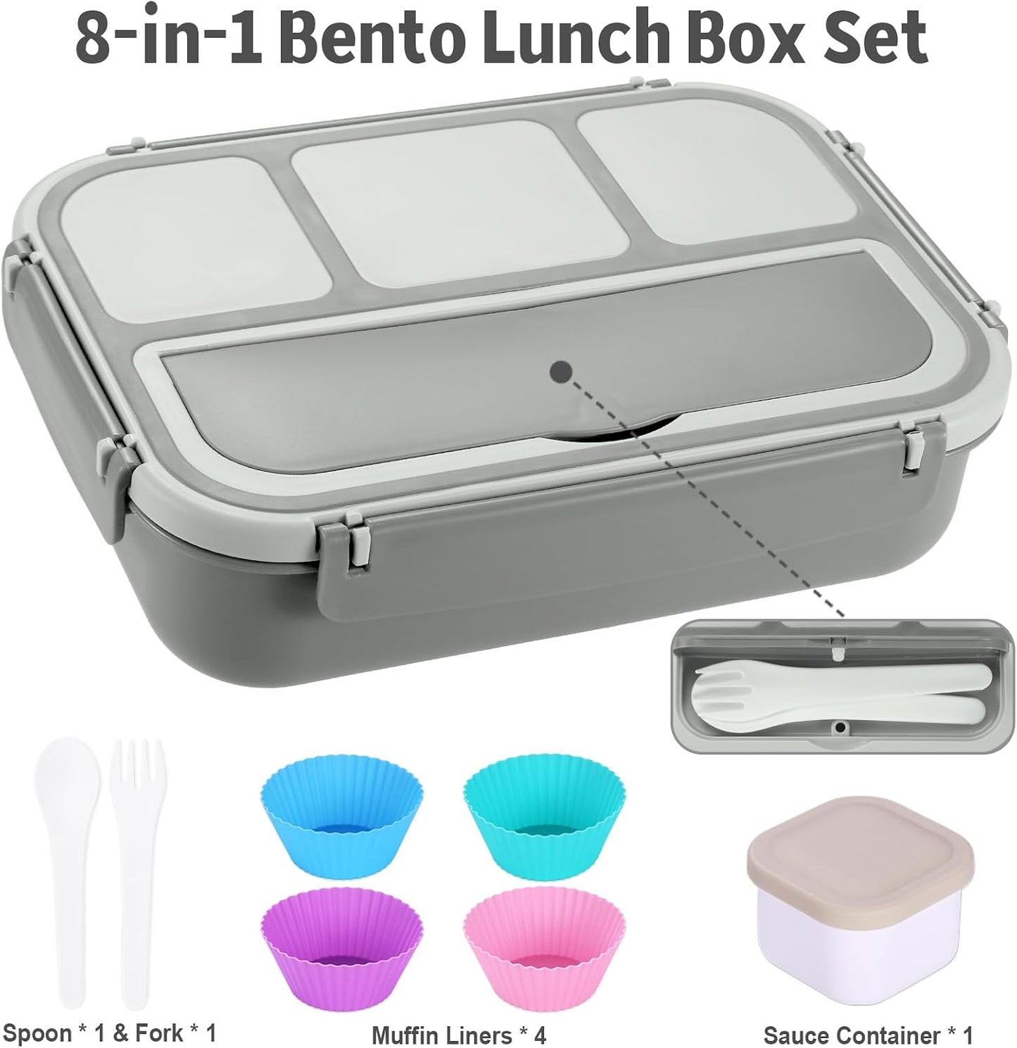 Bento Box Adult Lunch Box, Lunch Containers for Kids Girls Boys with 4 Compartments, Lunchable Food Container with Utensils, Sauce Jar, Muffin Liners, 40 Oz/5 Cup, Microwave Safe, Lavender