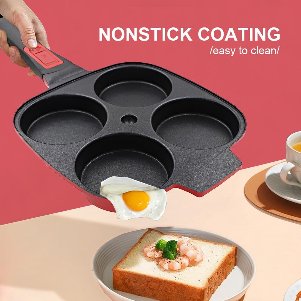 RANX INGST 4-Cup Egg Pan with Lid, Nonstick Omelette Skillet - Red