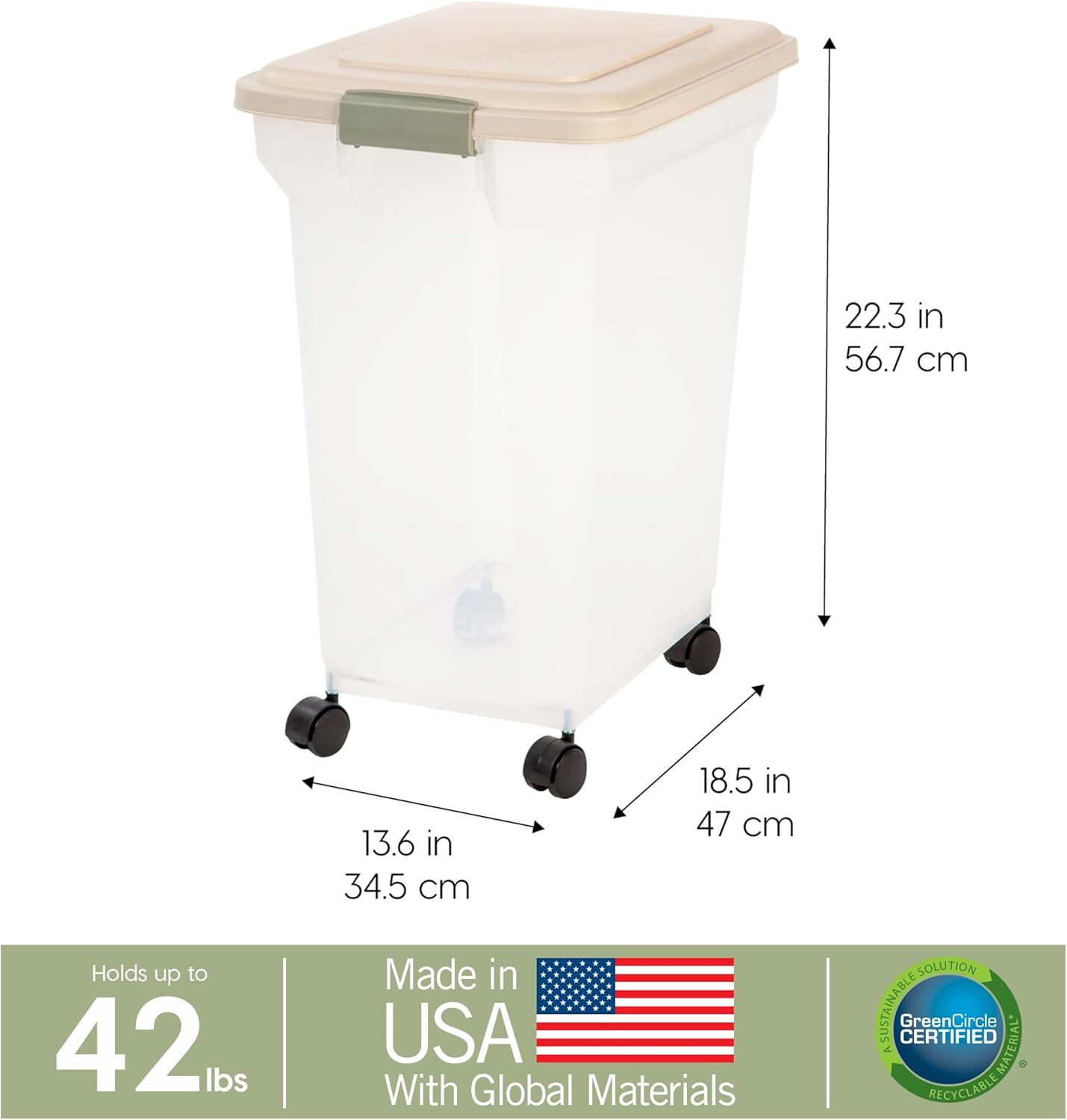 IRIS USA Dog Food Storage Container 58 Lb, Airtight Large Pet Food Storage Bin with Wheels, for Dog Cat Bird Chicken Food, Holds Up to 58 lbs, Keep Fresh, BPA Free, Made in USA, Black