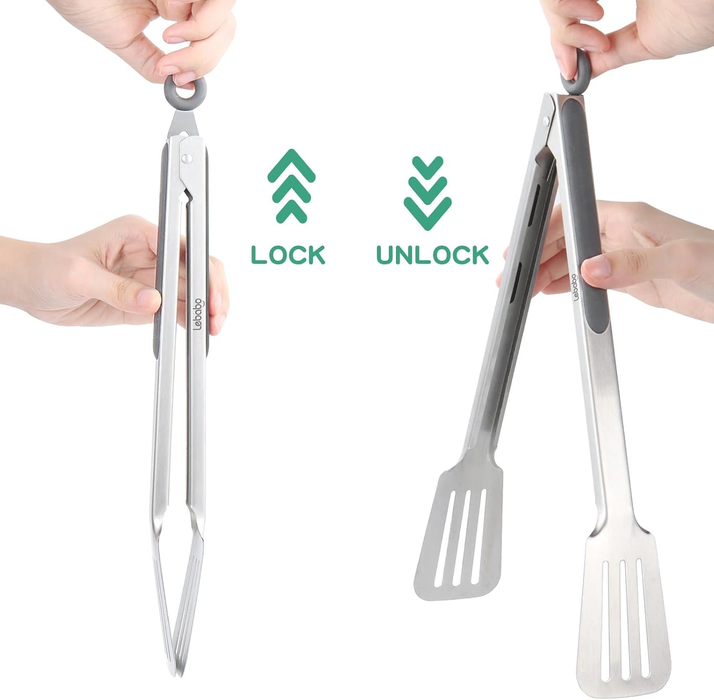 Metal Tongs for Cooking, Set of 2 Stainless Steel Spatula Tongs for Grilling, Cooking and Flipping, Strong Grip for Ribs, Steak and Fish, Comfortable Grip, Easy Pull Lock, 9 inch & 12 inch