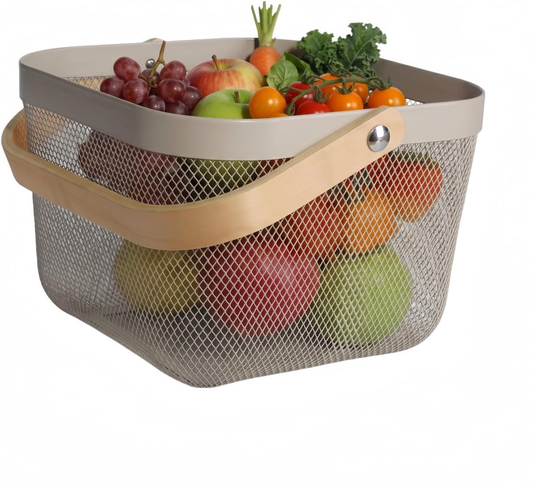Mesh Steel Storage Organizer Basket Fruit Basket Bin with Wood Handle Ideal for Kitchen Bathroom Picnic Baskets Pantry Cabinets Storage Home Decor (White)