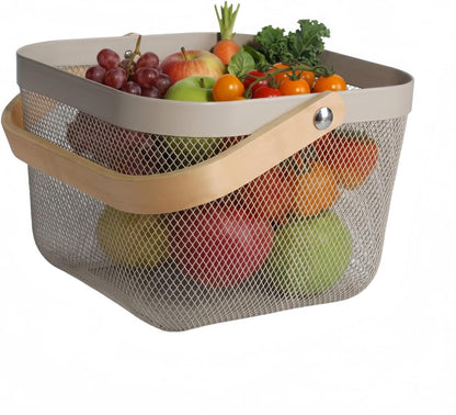Mesh Steel Storage Organizer Basket Fruit Basket Bin with Wood Handle Ideal for Kitchen Bathroom Picnic Baskets Pantry Cabinets Storage Home Decor (White)