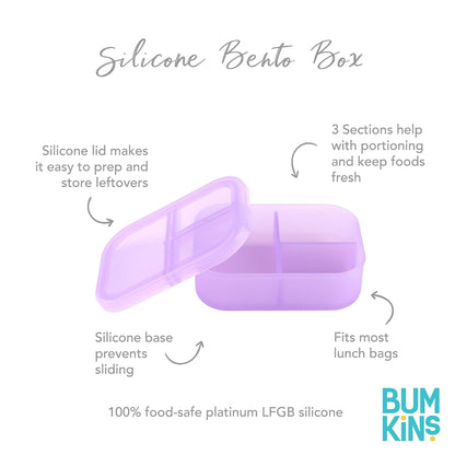 Bumkins Snack/Lunch Bento Box for Kids and Adults, 3 Compartment Container, Leak Proof Lid, for Portioning, Large Section Can Hold Sandwich, Food-Safe LFGB Platinum Silicone, Microwave-Safe, Pink