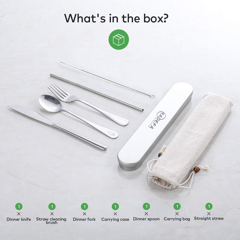 7 in 1 Portable Utensils with Stainless Steel Case for Travel/Camping/Office/School, Reusable Eco-friendly Utensils Silverware Set with Knife/Fork/Spoon/Cleaning Brush/Straws