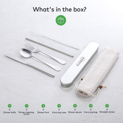 7 in 1 Portable Utensils with Stainless Steel Case for Travel/Camping/Office/School, Reusable Eco-friendly Utensils Silverware Set with Knife/Fork/Spoon/Cleaning Brush/Straws