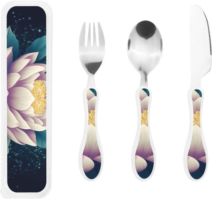 3-Piece Kids Silverware Set With Storage Case, Stainless Steel Reusable Children Safe Knife Spoon Fork Set Leaves Floral On Rustic Wood Children Flatware Set For Kids Lunch Box