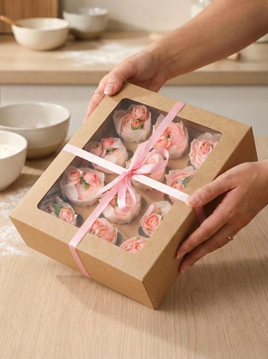 Bakepacker Auto-pop up 12 Cupcake Containers 6-Packs Brown Cupcakes Carrier, 12 Cupcake Boxes with Window 13"x10"x3.5"