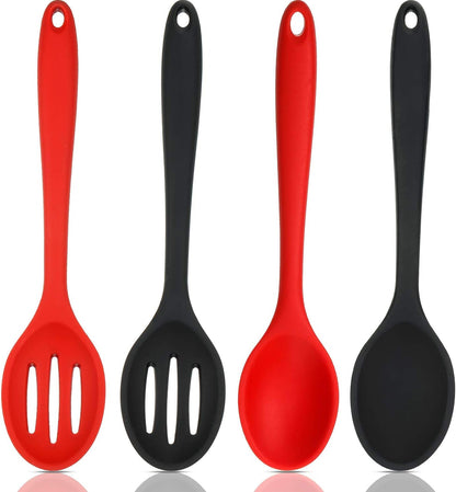 Boao 4 Pcs Silicone Spoons for Cooking 10.6 Inch Large Nonstick Serving Spoons Heat Resistant Slotted Spoon for Mixing & Stirring Kitchen Cooking Utensils, Dishwasher Safe(Black)
