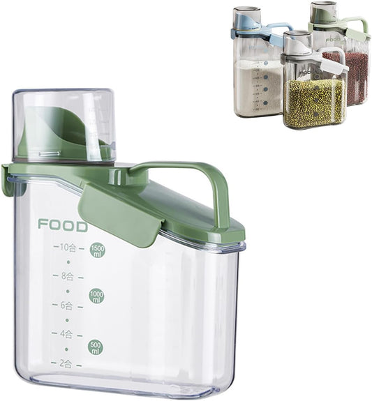 Cereal Containers Dispenser Rice Storage Container Clear Food Storage Containers Measuring Cup Pour Spout With Lids Airtight For Kitchen Grain Dry Food Pet Dog Food Organization（Green 1.6L）