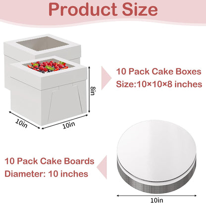 WINKIO 10 Inch Cake Box with Cake Boards, 2 Pack Disposable Cake Carrier, Cakes Transport Container, White Bakery Holder with Window, for Cookies Pies Cupcakes Pastry (10×10×8 Inches)