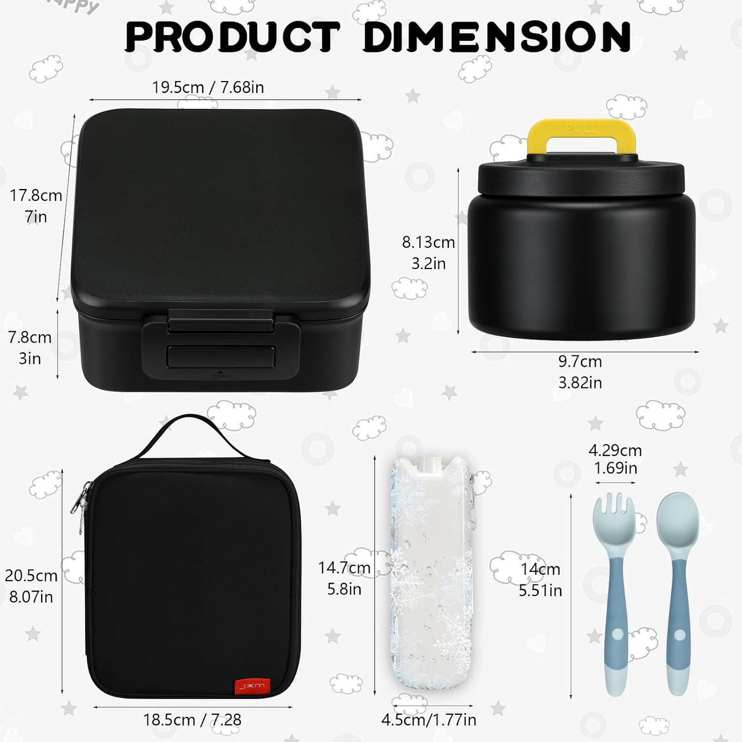 MAISON HUIS Bento Lunch Box with 8oz Soup Thermo and Insulated Lunch Bag, Kids Leakproof Lunch Food Containers with 5 Compartment, Boys Girls Thermo Hot Food Jar for Travel, School, BPA Free (Black)