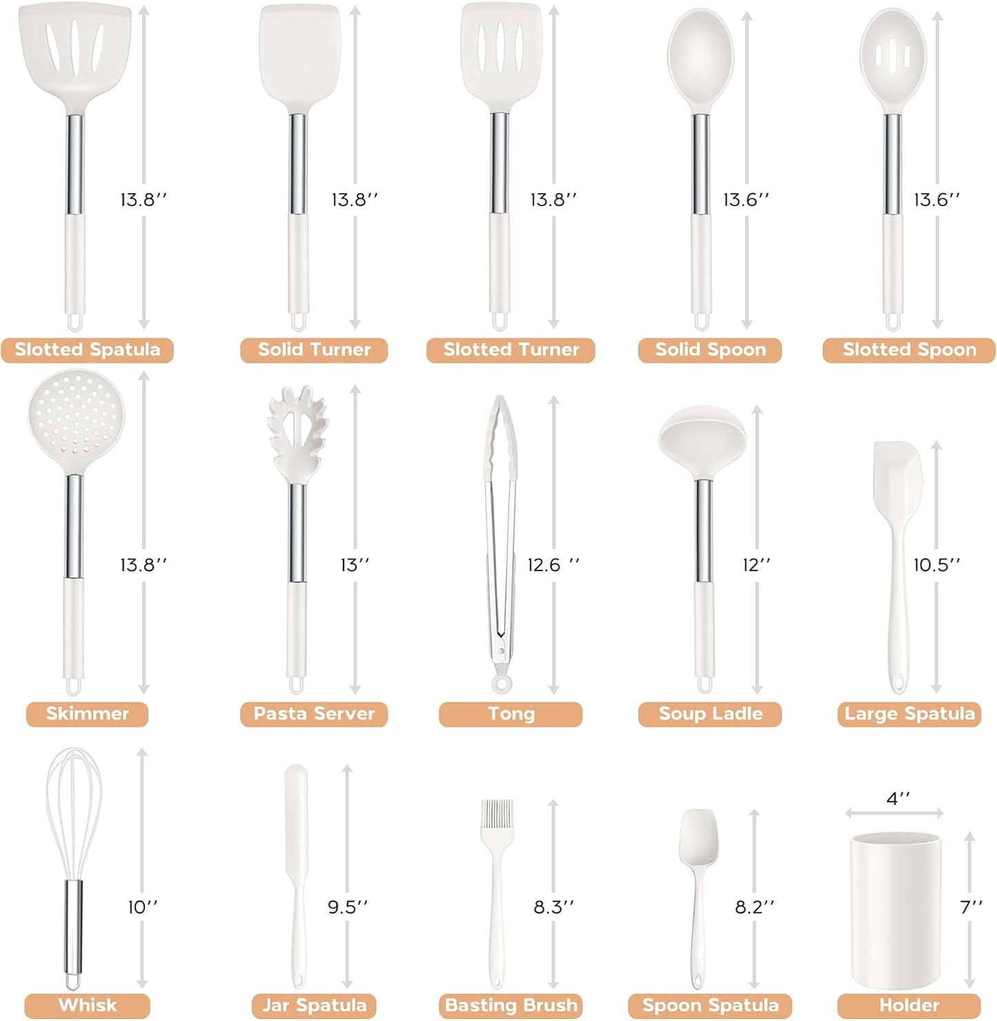 Onader Kitchen Utensils Set, 15 Pcs Silicone Cooking Utensils Set with Holder and Heat Resistant Stainless Steel Handle for Nonstick Cookware - Black