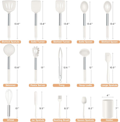 Onader Kitchen Utensils Set, 15 Pcs Silicone Cooking Utensils Set with Holder and Heat Resistant Stainless Steel Handle for Nonstick Cookware - Black