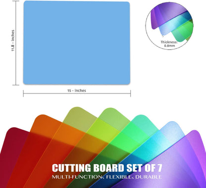 Fotouzy Plastic Cutting Boards for Kitchen, Flexible Cutting Mats Set of 7, BPA-Free, Non-Porous, Dishwasher Safe, 15x12 In, 7 Translucent Colors