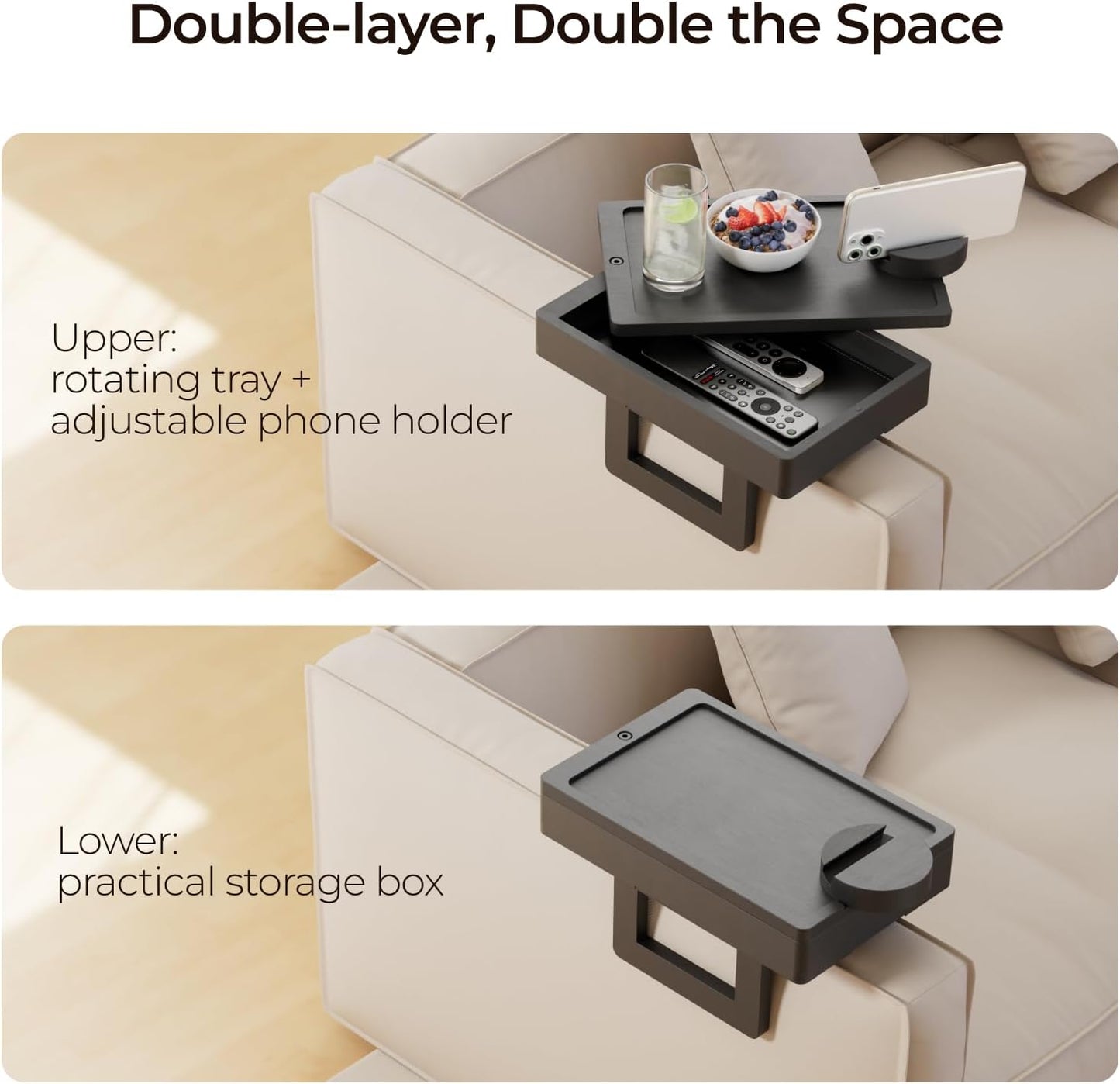 Wealone Mini Black Couch Arm Table for Narrow Armrest, Sofa Arm Tray with Storage Box, Rotating Tabletop & Phone Stand, Adjustable Sofa Arm Table Clip for Snacks or Dining, Width of Armrest 1-7 Inch