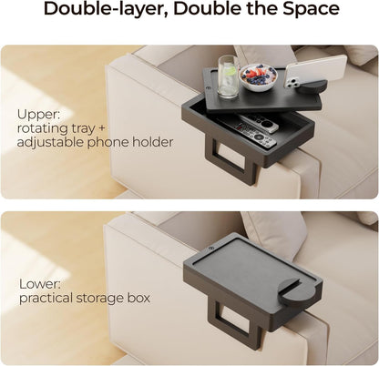 Wealone Mini Black Couch Arm Table for Narrow Armrest, Sofa Arm Tray with Storage Box, Rotating Tabletop & Phone Stand, Adjustable Sofa Arm Table Clip for Snacks or Dining, Width of Armrest 1-7 Inch