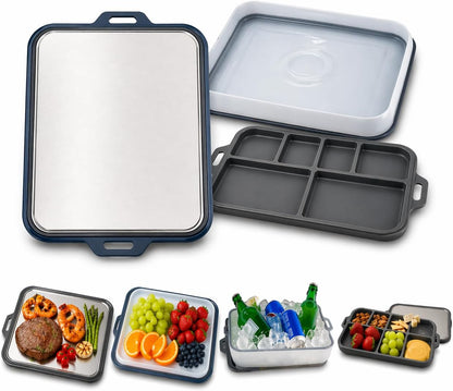 Multi-Purpose Serving and Entertaining Tray with Foldable Silicone Lid and Divided Plates, Stainless Steel Serving Set for Kitchen, Camping, BBQ and Outdoor Events