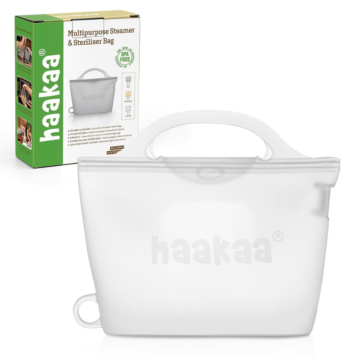 Haakaa Silicone Microwave Steamer & Steriliser Bag, 70oz/2000ml Large Capacity Reusable Steaming Bags for Baby Bottles, Breast Pump, Accessories, Pacifiers,Teethers, Great for Home&On The Go, Grey/1PC