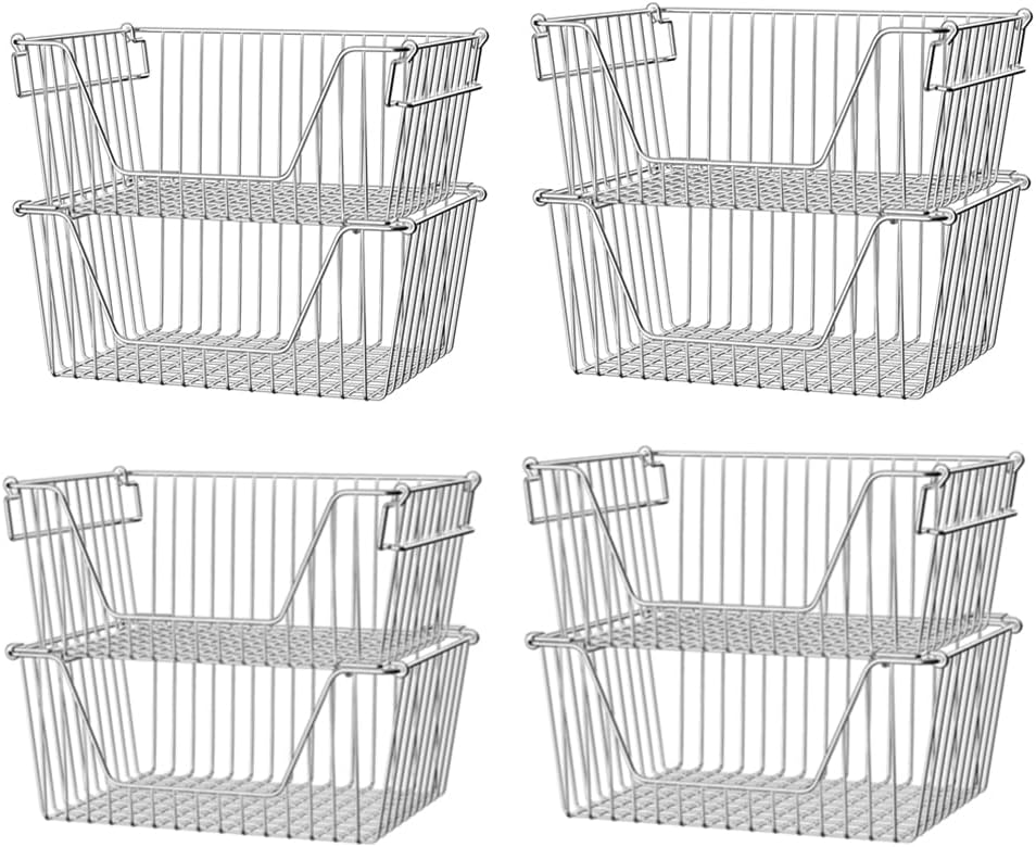 Slideep Wire Storage Baskets, Freezer Baskets Farmhouse Stackable Organizer Storage Bins Large Organizer for Storage, Office, Bathroom, Pantry Organization Storage with Handles 14" Black -Set of 3