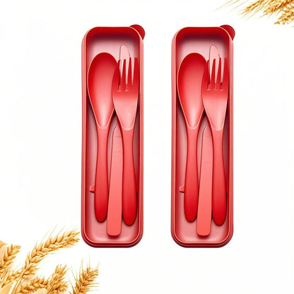 Reusable Utensils Set with Case, Wheat Straw Portable Spoon and Fork Set, Plastic Work School Kids Adults or Daily Use Cutlery Set - for Lunch Box Use Outdoor (Red)