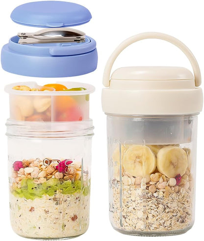 2 Pack Overnight Oats Containers with Lids and Handles, Folding Spoons & Divided Compartments for Fruit & Nuts, 16oz Mason Jars for Oatmeal Yogurt Container Chia Pudding Jars with lids (Cream 2pcs)
