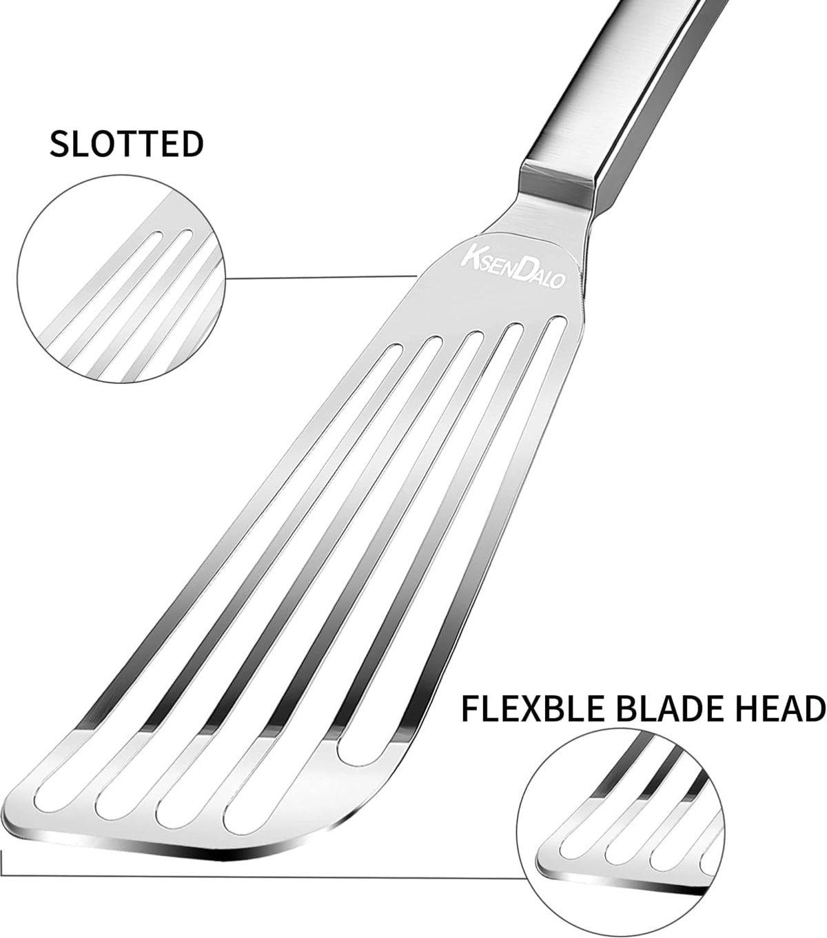 KSENDALO 1 Thin Flexible & Sturdy Fish Spatula Stainless Steel for Kitchen Cooking Use Fish Spatula Egg Flipper BBQ Flipper Stainless Steel Blade Thin Flexible, Welded Middle, Dishwasher Safe -Silver