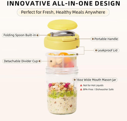 2 Pack Overnight Oats Containers with Lids and Handles, Folding Spoons & Divided Compartments for Fruit & Nuts, 16oz Mason Jars for Oatmeal Yogurt Container Chia Pudding Jars with lids (Cream 2pcs)