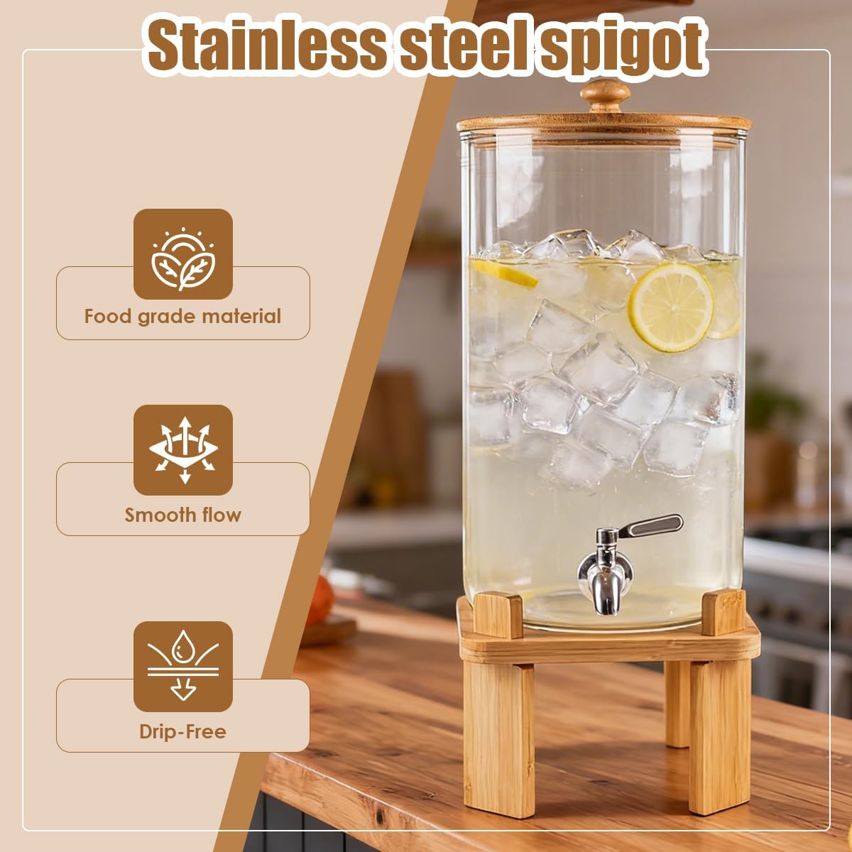 2.3 Gallon Large Glass Drink Dispenser for Parties, Glass Beverage Dispenser with Wood Stand, Juice & Lemonade Dispenser, Iced Beverage Dispenser with Spigot, Water Dispenser for Party with lid