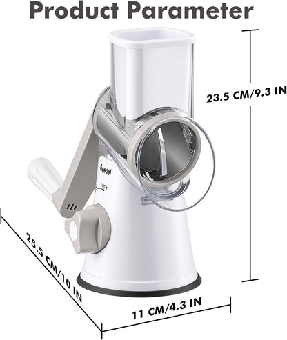 Geedel Rotary Cheese Grater, Kitchen Mandoline Vegetable Slicer with 3 Interchangeable Blades, Easy to Clean Rotary Grater Slicer for Cheese, Vegetables, Nuts