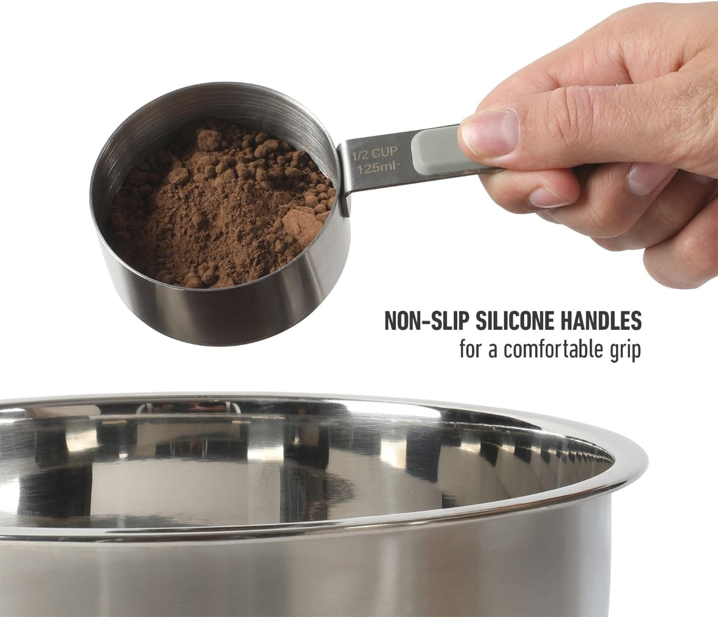 Calphalon Prime Measuring Cups, Kitchen Measurement Cup, 4-Piece Stainless Steel Kitchen Measuring Cup with Navy Silicone Handle Accurate, Durable for Dry and Liquid Ingredients