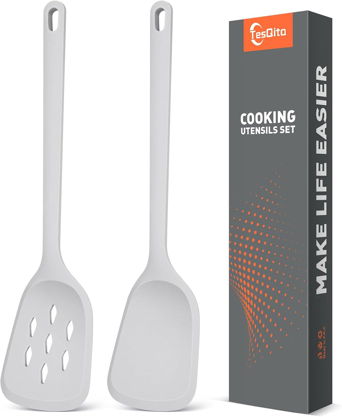 Silicone Spatula Set of 2 Pack, Heat Resistant Solid&Slotted Turner (WHITE)