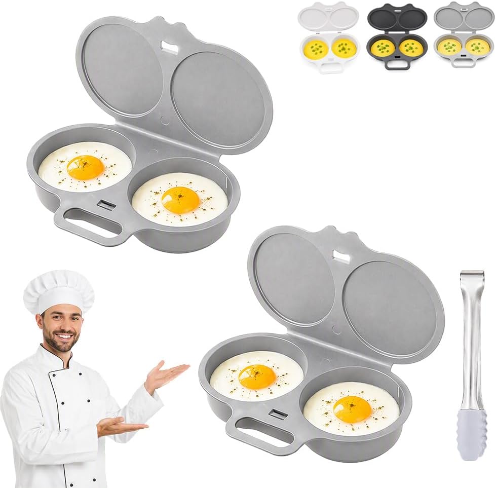2 Pack Dual Cavity Microwave Egg Poacher with Lid & Handle，Black