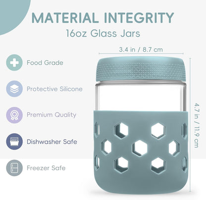 Gemice 6-Pack 10oz Glass Mason Jars with Silicone Sleeves, Airtight BPA-Free Overnight Oats Containers with Lids, Dishwasher Safe Leak-Proof Meal Prep Jars for Chia Pudding, Yogurt, Snacks