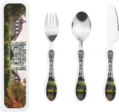 3-Piece Kids Silverware Set With Storage Case, Stainless Steel Reusable Children Safe Knife Spoon Fork Set Elephant Pattern Children Flatware Set For Kids Lunch Box
