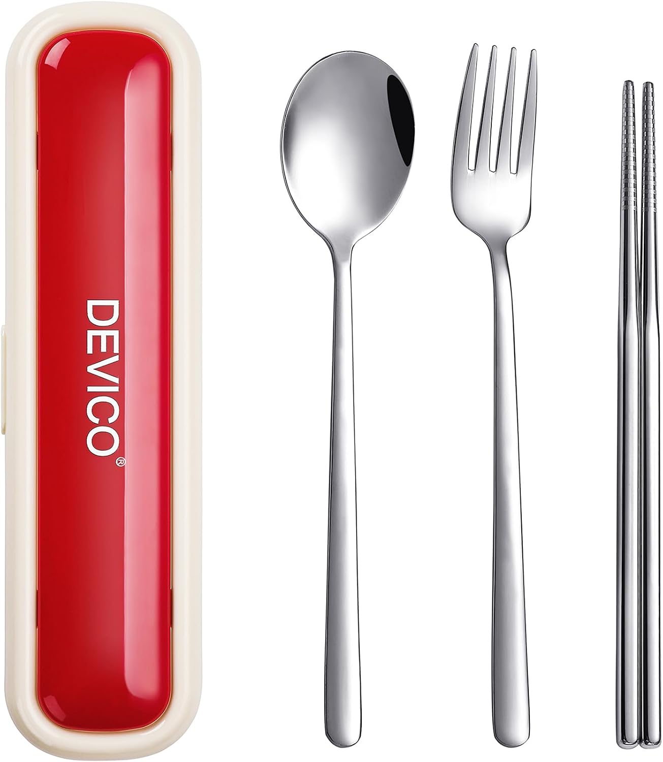 Utensils for Lunch Box, DEVICO Travel Silverware Set with Case, Portable Camping Cutlery, 18/8 Stainless Steel Reusable Korean Spoon Fork Chopsticks for School, Office, Dishwasher Safe (Pink-Purple)