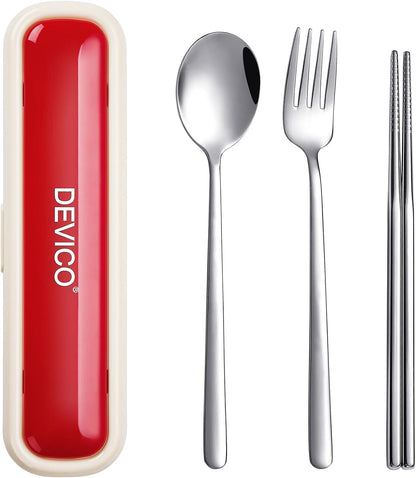 Utensils for Lunch Box, DEVICO Travel Silverware Set with Case, Portable Camping Cutlery, 18/8 Stainless Steel Reusable Korean Spoon Fork Chopsticks for School, Office, Dishwasher Safe (Pink-Purple)
