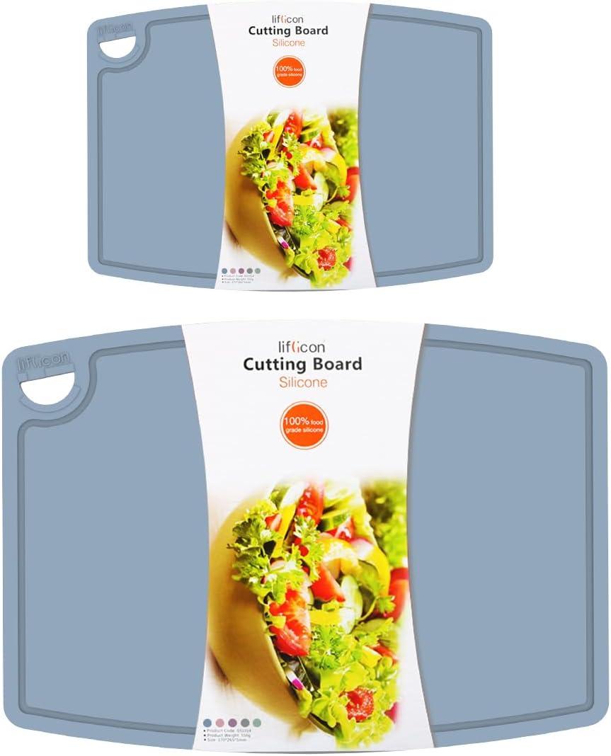 Liflicon Silicone Thick Cutting Boards Mats Set of 3 Foldable & Flexible Design Juice Grooves Easy Grip Handle Dishwasher Safe for Kitchen,BPA free Silicone Cutting Board-Gray