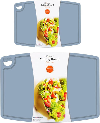 Liflicon Silicone Thick Cutting Boards Mats Set of 3 Foldable & Flexible Design Juice Grooves Easy Grip Handle Dishwasher Safe for Kitchen,BPA free Silicone Cutting Board-Gray