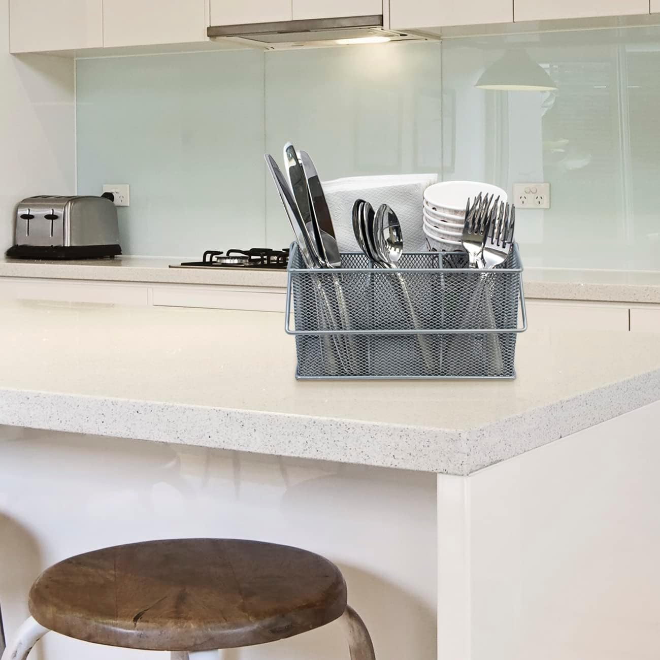 Sorbus® Utensil Caddy — Silverware, Napkin Holder, and Condiment Organizer — Multi-Purpose Steel Mesh Caddy—Ideal for Kitchen, Dining, Entertaining, Tailgating, Picnics, and much more (White)