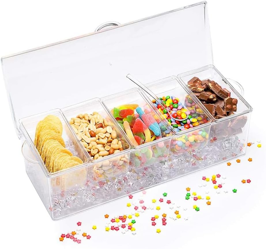 VWMYQ 5-Grid Removable Condiment Tray with Ice Cooler, Salad Platter for Home Bar