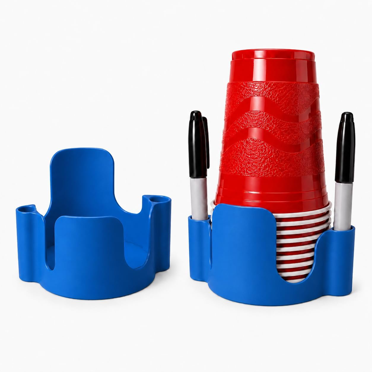 Party Cup Dispenser with Marker Holder – Stackable Plastic Cup Organizer for Parties, Events, BBQs, Picnics, Graduations & Drink Stations, Cup and Marker Caddy, Black (Red)