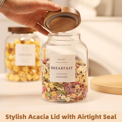 2 Pack Large Glass Flour and Sugar Storage Containers with Airtight Acacia Wood Lids and 132 Kitchen Pantey Labels Preprint - 1 Gallon Borosilicate Glass Canister Sets for Food,Pasta,Cookie,Rice