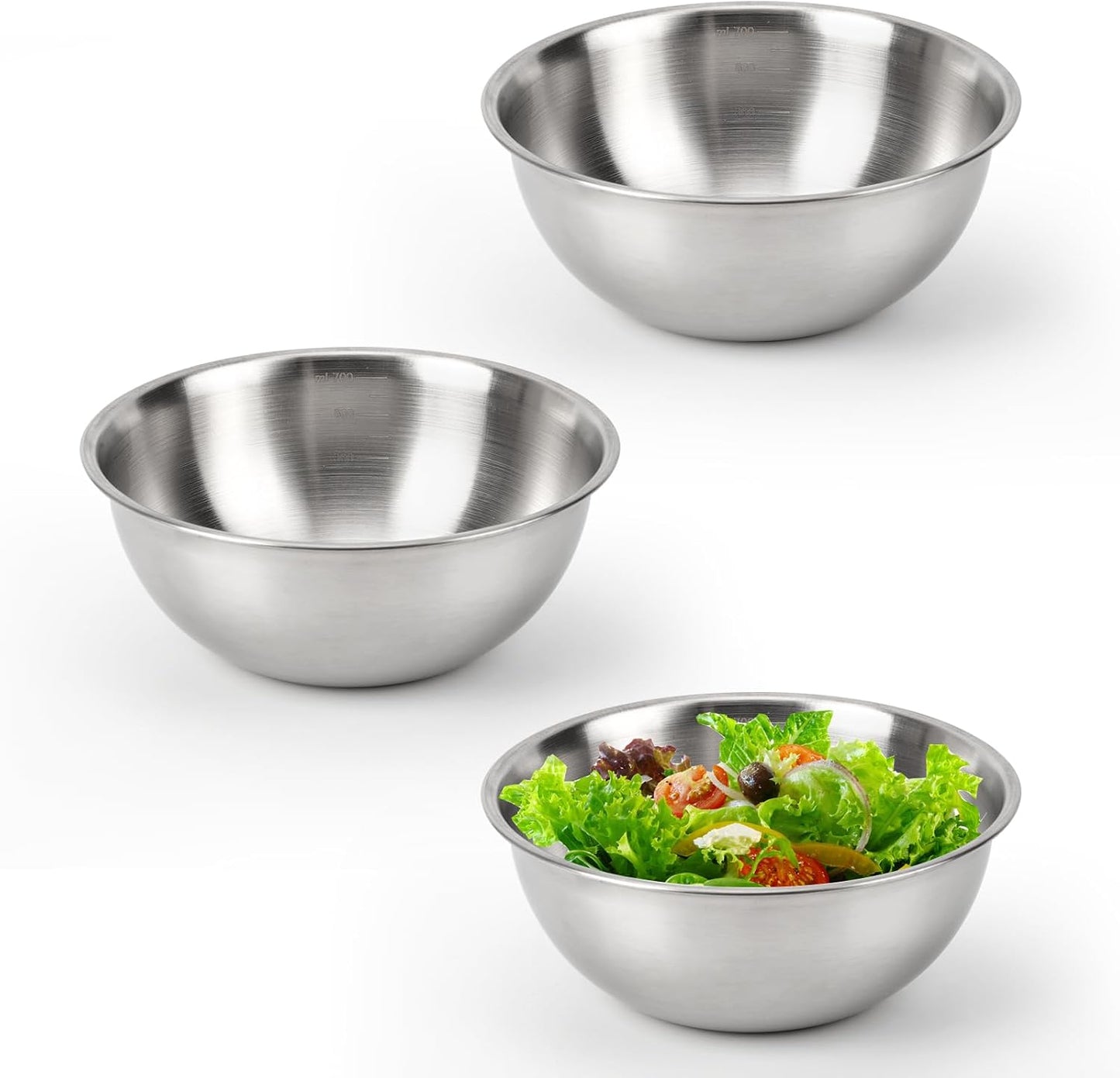 3-Piece Stainless Steel Mixing Bowls (7.1") Metal Bowl Set with Measurement Marks, Dishwasher Safe & Stackable - Perfect for Baking, Salad Making, Meal Prep and Kitchen Use