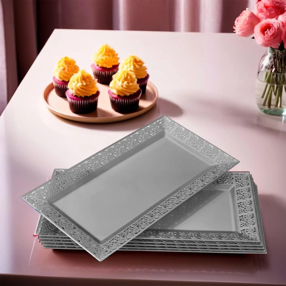 Rectangle White Serving Tray (2-Pack) - 17.5" Disposable Serving Platter for Appetizer, Fruits & Serving Dishes | Perfect Plastic Tray For Party Serveware