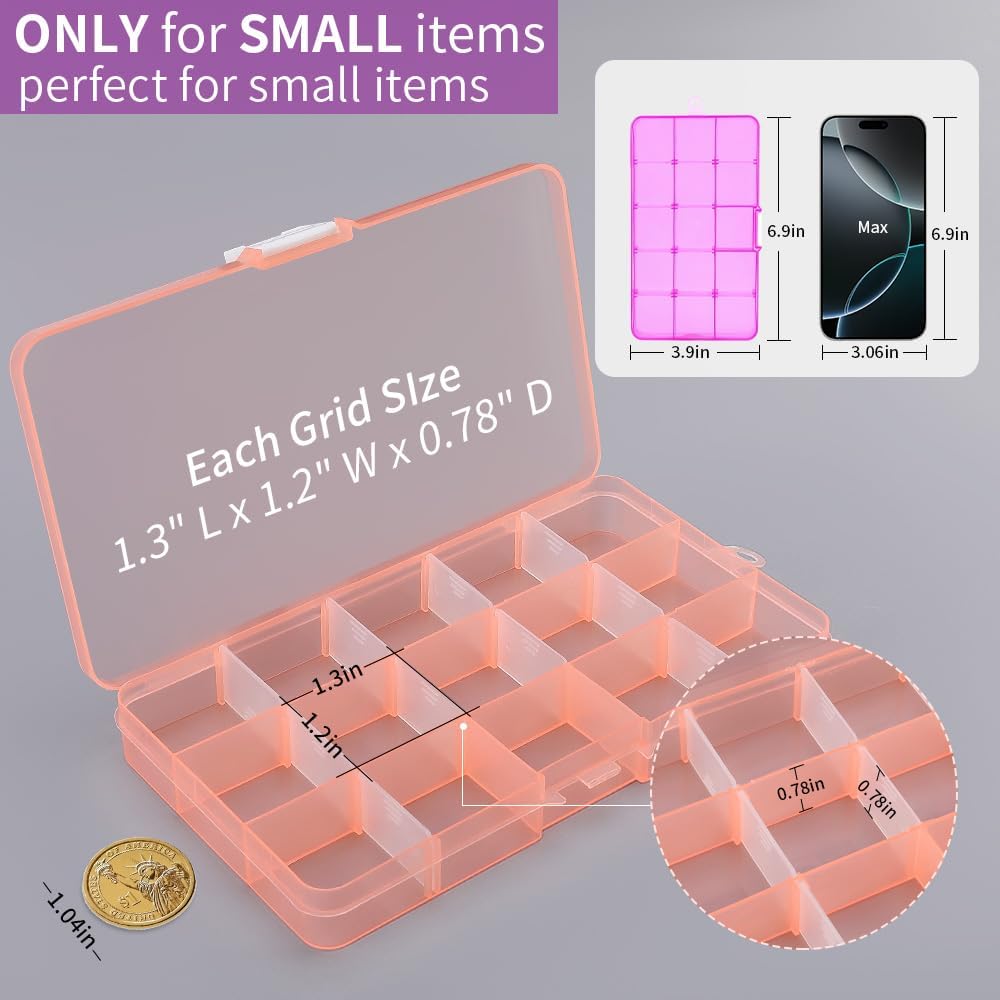 Opret 15 Grids Bead Organizer(4 Pack), Earring Organizer Box, SMALL Plastic Clear Organizing Containers with Adjustable Dividers for Crafts Jewelry Screws Small Items, Size 6.9×3.9×0.9in