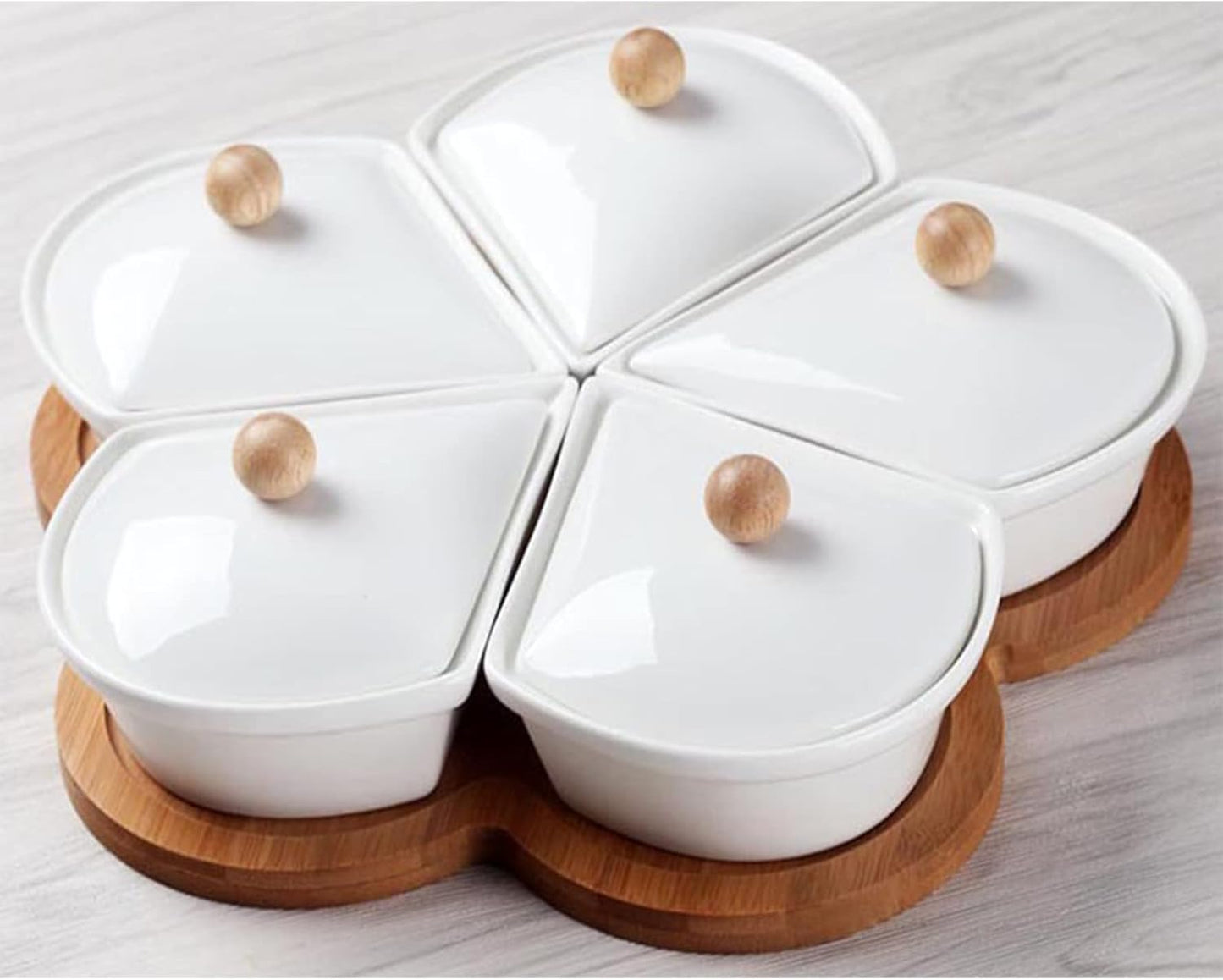 yarlung Ceramic Divided Serving Dishes with Lids and Bamboo Platter, 5 Removable Dipping Bowls Relish Tray Nuts Dishes for Appetizer, Chips, Fruits, Candy, Condiment