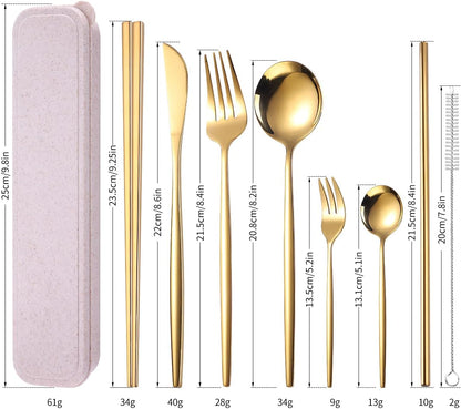 AARAINBOW 8 Pieces Stainless Steel Flatware Set Portable Reusable Cutlery Set Travel Utensils Set Including Chopsticks Knife Fork Spoon Straws Cleaning Brush Dishwasher Safe (Pink Golden)
